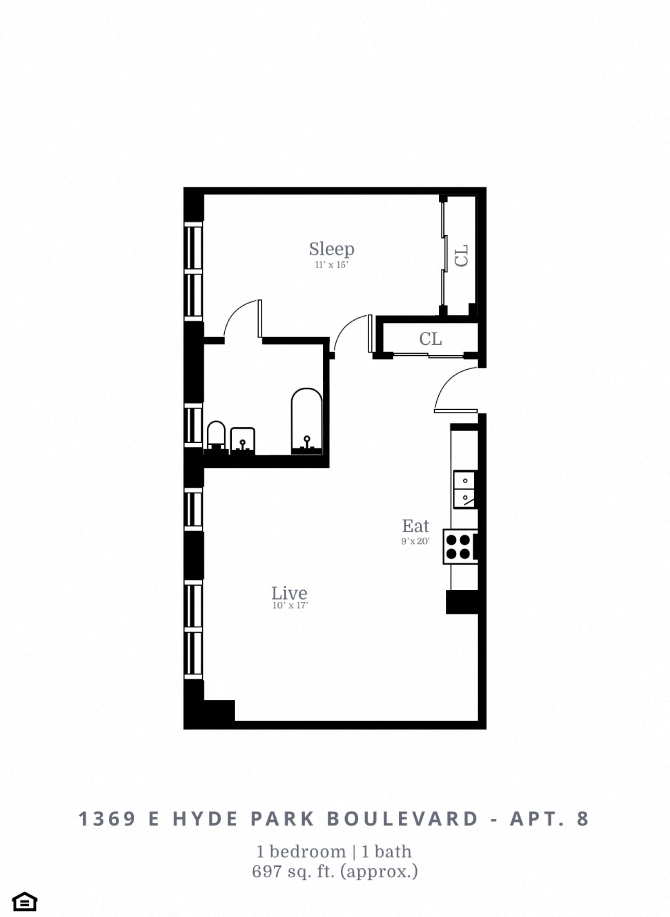 Floor plan for 1 bed, 1 bath, 659 sqft